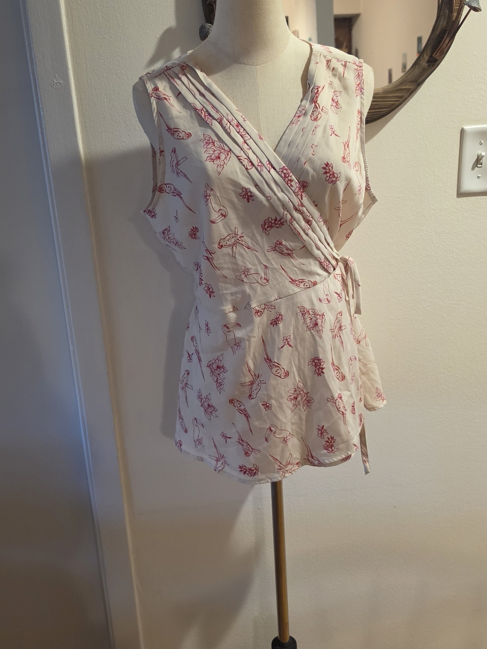 Modcloth Cream Sleeveless Wrap Top with Red Floral Print